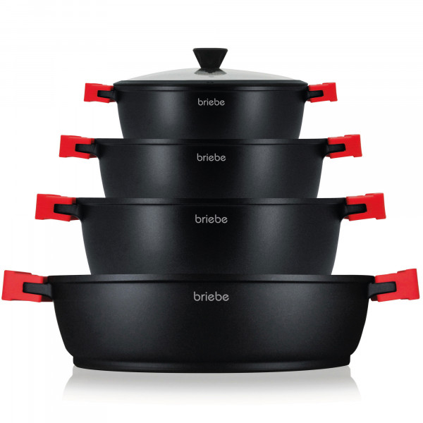 briebe Black Titanium Batería Cocina Inducción 8 Piezas Antiadherente Titanio, Juego 4 Ollas Aluminio Fundido sin PFOA, Set Cazuelas Tapas Cristal, Asas Silicona Extraíbles, Vitrocerámica, Gas, Horno