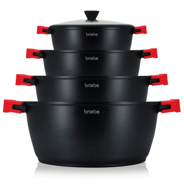 briebe Black Titanium Batería Cocina Inducción 8 Piezas Antiadherente Titanio, Juego 4 Ollas Aluminio Fundido sin PFOA, Set Cazuelas Tapas Cristal, Asas Silicona Extraíbles, Vitrocerámica, Gas, Horno