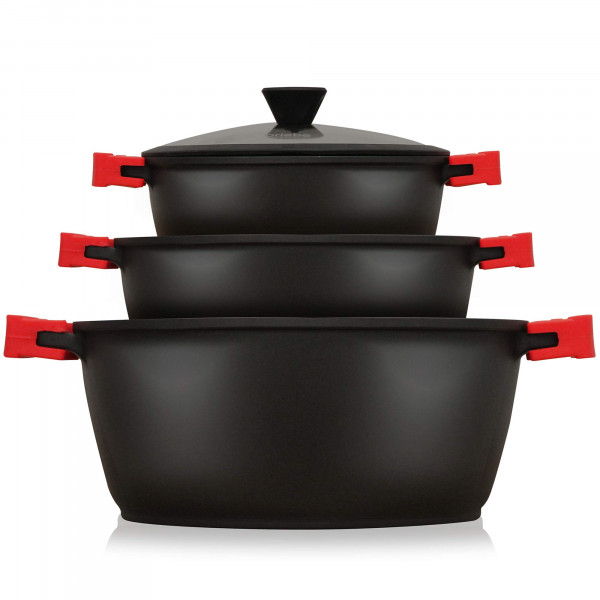 briebe Black Titanium Batería Cocina Inducción 6 Piezas Antiadherente Titanio, Juego 3 Ollas Aluminio Fundido sin PFOA, Set Cazuelas Tapas Cristal, Asas Silicona Extraíbles, Vitrocerámica, Gas, Horno