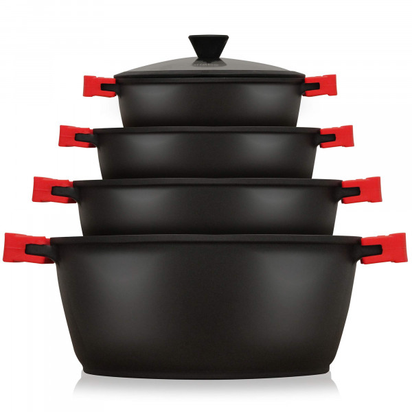 briebe Black Titanium Batería Cocina Inducción 8 Piezas Antiadherente Titanio, Juego 4 Ollas Aluminio Fundido sin PFOA, Set Cazuelas Tapas Cristal, Asas Silicona Extraíbles, Vitrocerámica, Gas, Horno
