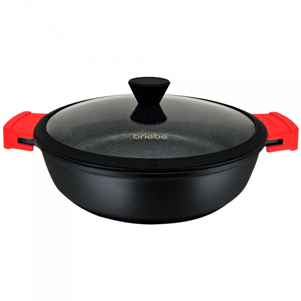 briebe Black Titanium Cacerola Baja de Cocina Inducción Antiadherente Titanio, Cazuela 32cm, Aluminio Fundido, Recubrimiento sin PFOA, Tapa Cristal, Asas Silicona, Vitrocerámica, Gas, Horno