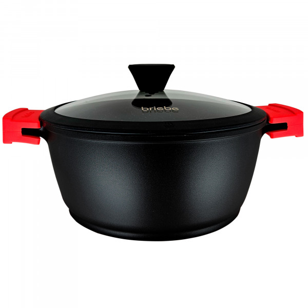 briebe Black Titanium Cacerola Cocina Inducción Antiadherente Titanio, Cazuela 24cm, Aluminio Fundido, Recubrimiento sin PFOA, Tapa Cristal, Asas Silicona Extraíbles, Vitrocerámica, Gas, Horno