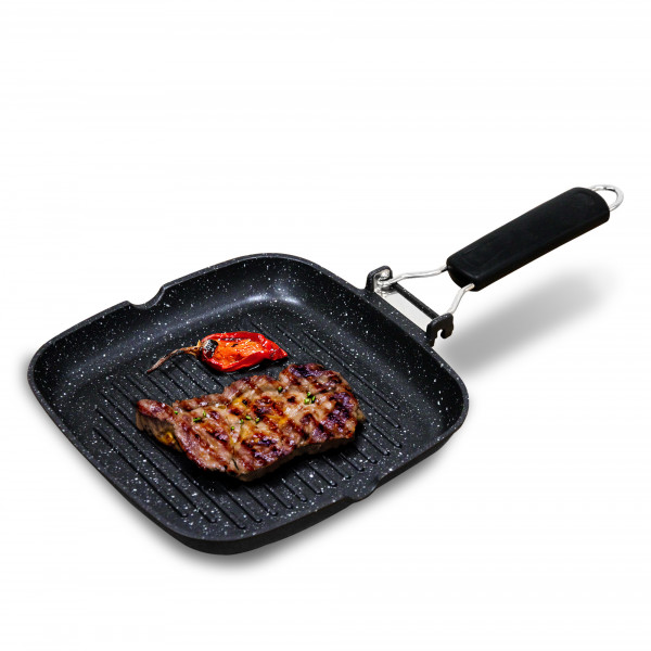 briebe Black Titanium Grill Asador Rayas, Inducción, Antiadherente Titanio, Sartén Plancha 20x20cm Aluminio Fundido sin PFOA, Mango Plegable, Apto Vitrocerámica, Gas