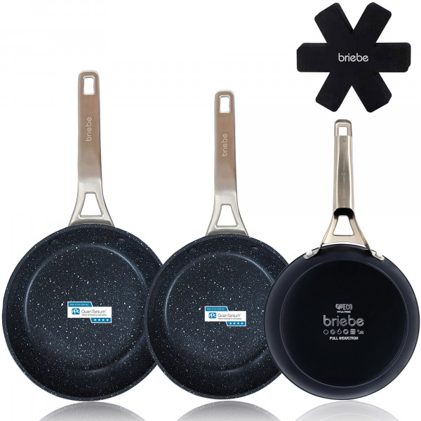 briebe Black Titanium Juego de 3 Sartenes Antiadherentes Inducción Titanio 18-20-24cm, Aluminio Forjado Recubrimiento sin PFOA, Mango Profesional Acero Inox, Vitrocerámica, Gas, 3 Protectores