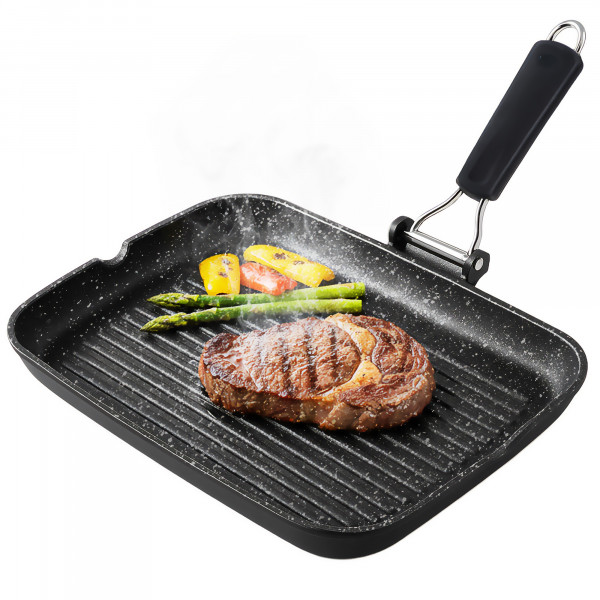 briebe Black Titanium Grill Asador Rayas, Inducción, Antiadherente Titanio, Sartén Plancha 34x24cm Aluminio Fundido sin PFOA, Mango Plegable, Apto Vitrocerámica, Gas