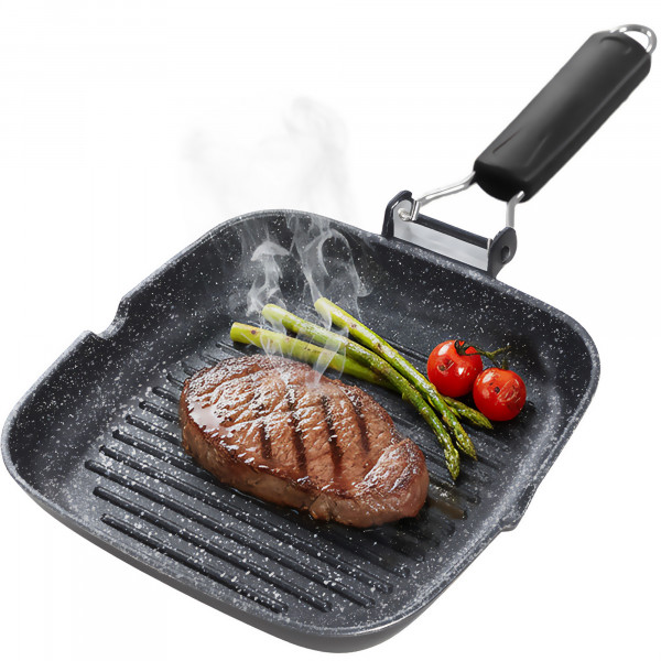 briebe Black Titanium Grill Asador Rayas, Inducción, Antiadherente Titanio, Sartén Plancha 28x28cm Aluminio Fundido sin PFOA, Mango Plegable, Apto Vitrocerámica, Gas