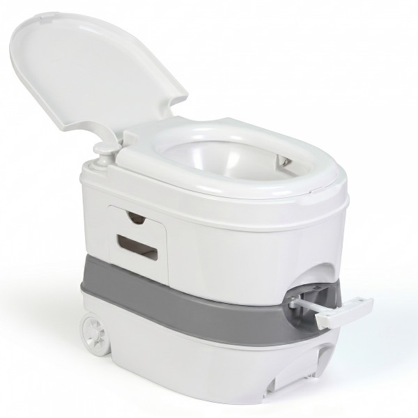 briebe Camp Comfort Plus WC Inodoro Portátil Químico con Ruedas Adultos Potty 24L Camping, Camper, Auto Caravana, Water con Cisterna Descarga Agua 20L, Válvula sin Fugas, Fácil Limpiar, Blanco