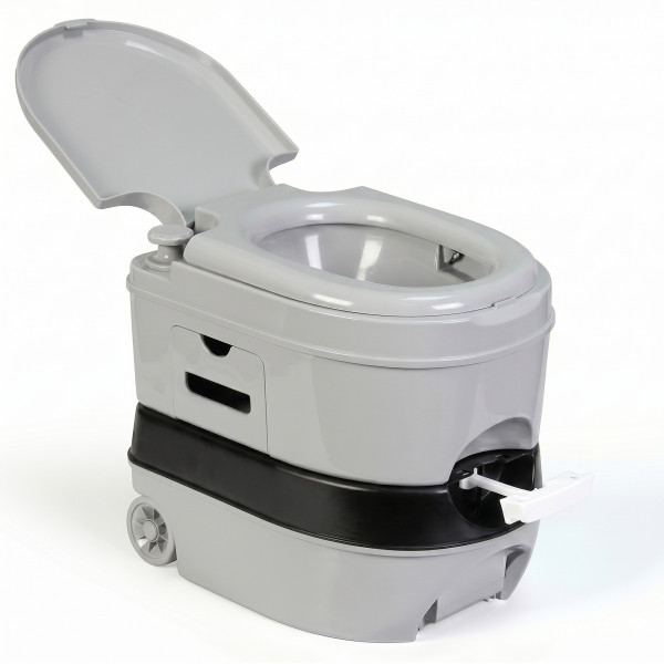 briebe Camp Comfort Plus WC Inodoro Portátil Químico con Ruedas Adultos Potty 24L Camping, Camper, Auto Caravana, Water con Cisterna Descarga Agua 20L, Válvula sin Fugas, Fácil Limpiar, Gris