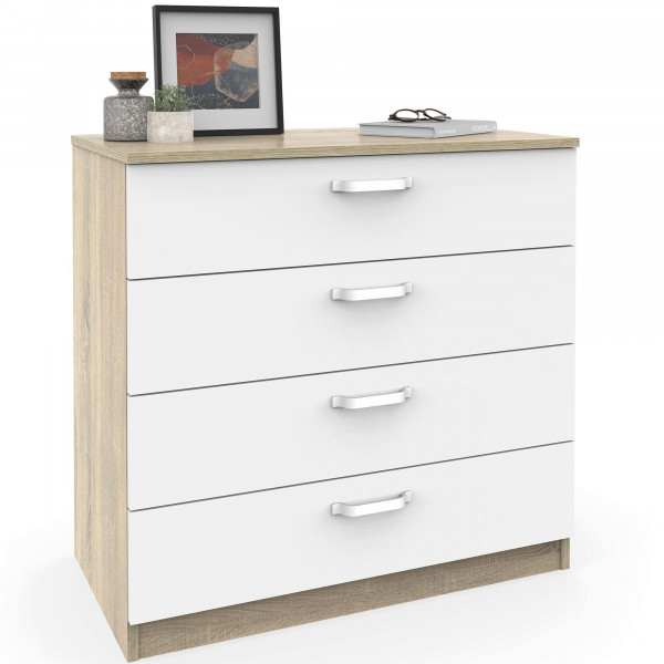 briebe Cómoda Dormitorio, Cajonera 4 Cajones, Sinfonier 78x74x40 cm (Alto x Ancho x Profundo), Habitación Matrimonio, Juvenil, Infantil, Prakt Roble Cambrian / Blanco