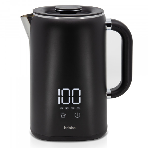 briebe eBoil Hervidor Agua Eléctrico 1,7L Regulador de Temperatura Digital 45°C a 100°C Función Keep Warm, 1500W, Interior Acero Inox, Libre de BPA, Base de 360°, Controlador Strix, Negro