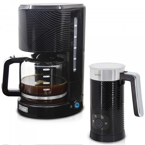 briebe Elegance Set Cafetera Goteo 10 Tazas + Espumador de Leche Eléctrico, Máquina de Café Filtro 1,25L, Milk Frother 4 en 1 Calentador 300ml, Espuma Fría/Caliente 130ml, Libre de BPA, Negro