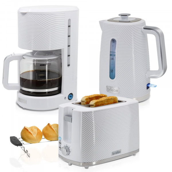 briebe Elegance Set Tostadora Pan Ranura Ancha 2 Rebanadas + Hervidor Agua Eléctrico 1,7L Inalámbrico 2200W Libre BPA + Cafetera Goteo Filtro 10 Tazas 1,25L, Pack Desayuno Diseño Moderno Blanco