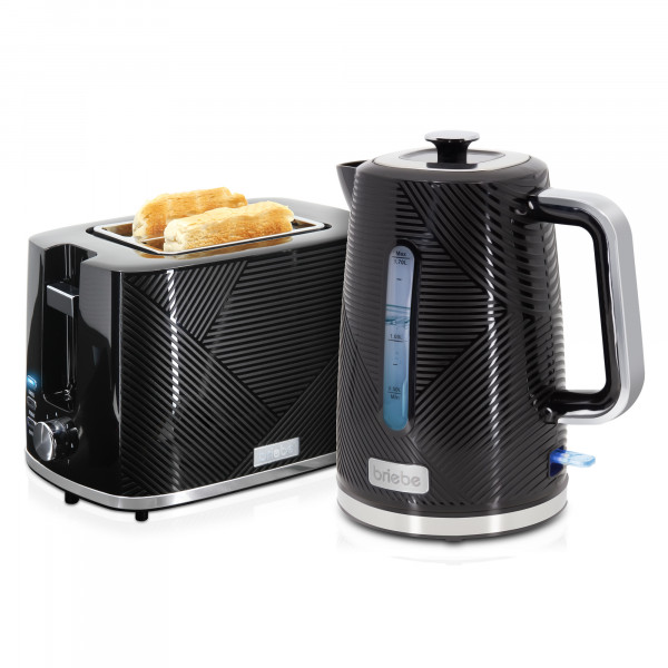 briebe Elegance Set Tostadora Pan Ranura Ancha 2 Rebanadas, 6 Niveles Tostado + Hervidor Agua Eléctrico 1,7L Inalámbrico, 2200W Ebullición Rápida, Libre BPA, Pack Desayuno Diseño Moderno Negro