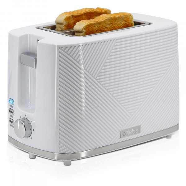 briebe Elegance Tostadora Pan Ranura Ancha, Tostador 2 Rebanadas, 7 Niveles Tostado, Calientapanecillos, Función Cancelar, Recalentar y Descongelar, Bandeja Recogemigas, 870W, Diseño Moderno Blanco