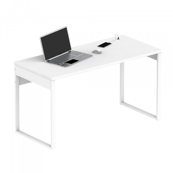 briebe Escritorio, Mesa de Ordenador Oficina, Estudio, Patas Estructura Metálica 76x135x60cm (Alto x Ancho x Profundo) Diseño Industrial, 2 Puertos USB Integrados, Desk, Smuk Blanco Atlas