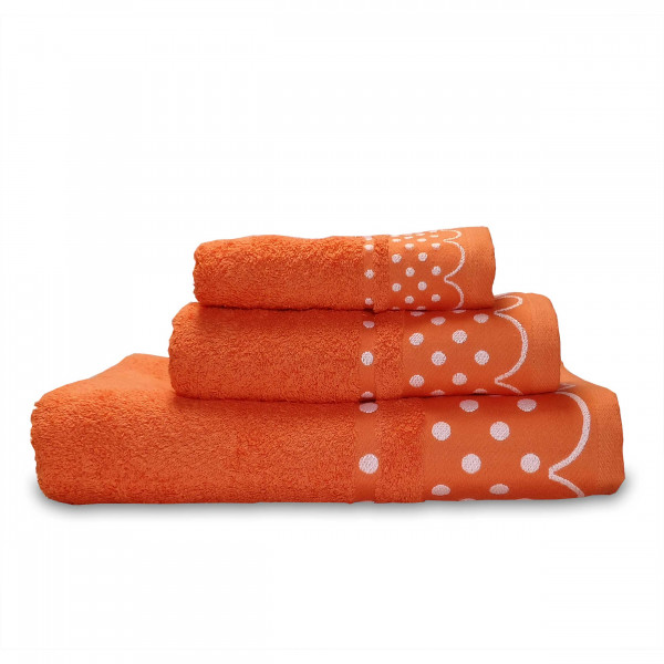 briebe Home Juego de Toallas Baño 100% algodón Rizo 450gr, Set 3 Piezas, Polka Dots, 3 tamaños Ducha Sábana, Manos, Tocador, Cenefa Lunares Bordada, Hecho en Portugal, naranja fuerte