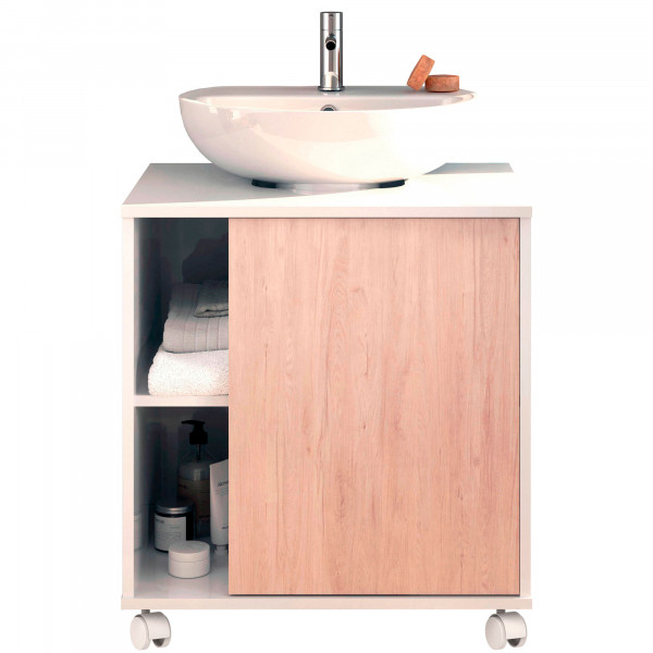 briebe Mueble Baño Bajo Lavabo Pie Armario Auxiliar para Lavabos con o sin Pedestal 64x59x45 cm, 1 Puerta, Espacio de Almacenamiento 6 Estantes, Esencia Blanco Brillo / Roble Aurora