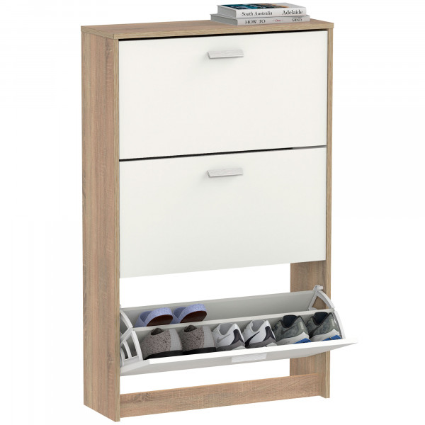 briebe Zapatero Entrada Recibidor, Mueble Auxiliar Estrecho de Madera para Zapatos, 3 Puertas, 119,5x74x25 cm (Alto x Ancho x Profundo) 18 Pares Aproximadamente, Nova Roble Cambrian / Blanco 