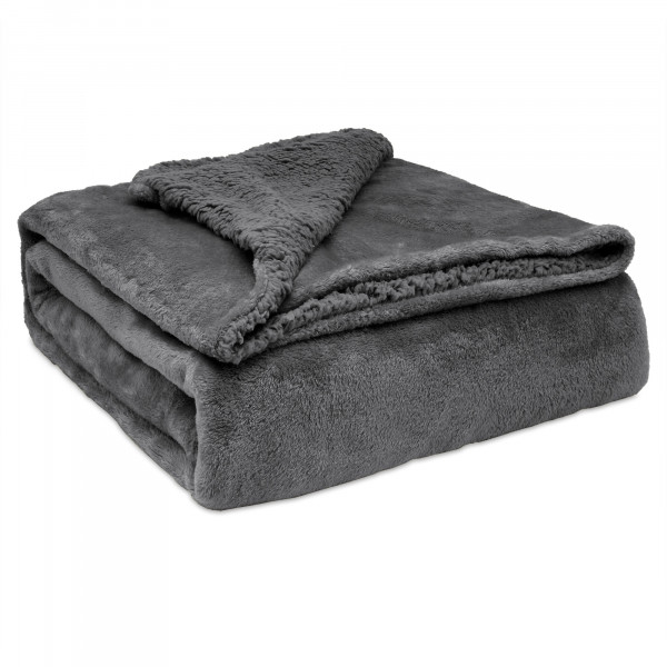 Briebe Manta Sofá Invierno Grande Sedalina Lisa y Borreguito Polar Sherpa 220x240cm, Plaid Calentita, Gruesa y Extra Suave 100% Microfibra, Lavable a Máquina, Reversible para Cama Doble, Gris Oscuro