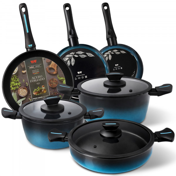 briebe MARE Batería Cocina Inducción, Acero Forjado 9 Piezas, Antiadherente Libre PFOA, Juego 3 Ollas Y 3 Sartenes Profesionales, Alta Resistencia, Apta Para Todo Tipo de Fuegos, Fabricada en España