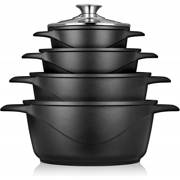 briebe MGK-12 Batería Cocina Inducción 8 Piezas, Juego 4 Ollas Aluminio Fundido, Antiadherente ILAG GRANITEC sin PFOA, Set Cazuelas Tapas Cristal, Guantes Silicona, Vitrocerámica, Gas, Horno