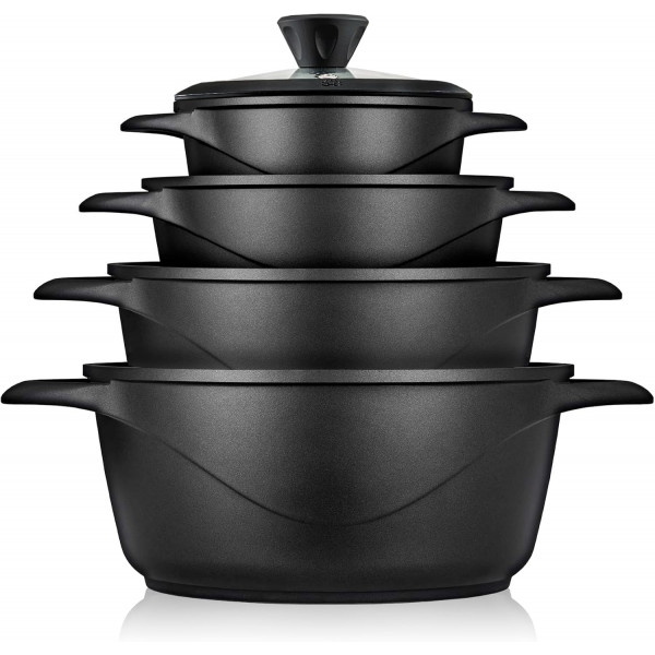 briebe MGK-12S Batería Cocina Inducción 8 Piezas, Juego 4 Ollas Aluminio Fundido, Antiadherente ILAG GRANITEC sin PFOA, Set Cazuelas Tapas Cristal, Guantes Silicona, Vitrocerámica, Gas, Horno