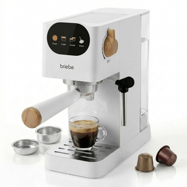 briebe Nordic Cafetera Espresso 20 Bares Compatible Cápsulas Nespresso y Café Molido, Máquina Café Semiautomática Profesional 1350W, Espumador Leche, Pantalla Táctil, 1,2L, Diseño Nórdico Blanco 
