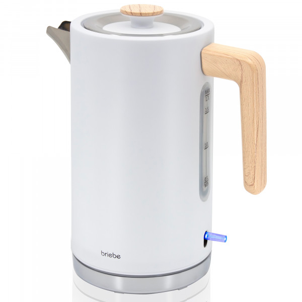 briebe Nordic Hervidor Agua Eléctrico 1,7L Inalámbrico, Tetera Infusiones 2200W Ebullición Rápida, Libre BPA, Base 360°, Controlador Strix, Apagado Automático, Diseño Nórdico, Asa Efecto Madera Blanco