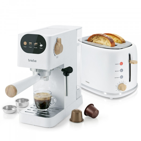briebe Nordic Set Cafetera Espresso 20 Bares Cápsulas y Café Molido, Espumador Leche + Tostadora Ranura Ancha 2 Rebanadas, 6 Niveles Tostado, Pack Desayuno Diseño Nórdico Blanco