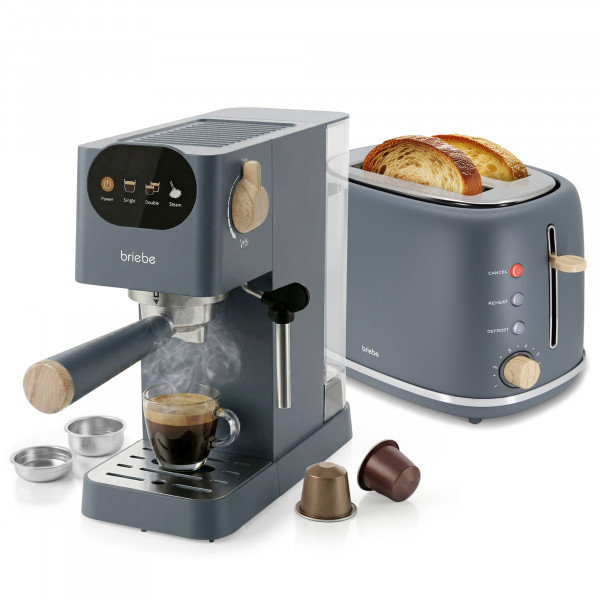 briebe Nordic Set Cafetera Espresso 20 Bares Cápsulas y Café Molido, Espumador Leche + Tostadora Ranura Ancha 2 Rebanadas, 6 Niveles Tostado, Pack Desayuno Diseño Nórdico Gris