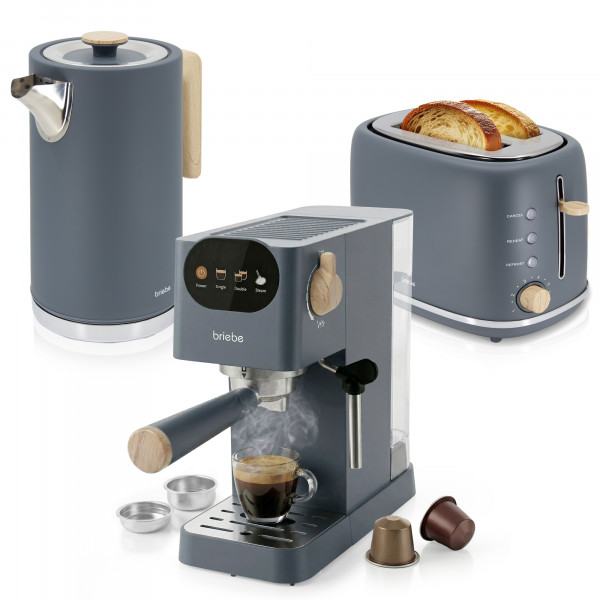 briebe Nordic Set Cafetera Espresso 20 Bares Cápsulas y Café Molido + Hervidor Agua Eléctrico 1,7L Inalámbrico 2200W + Tostadora Ranura Ancha 2 Rebanadas, Pack Desayuno Diseño Nórdico Gris