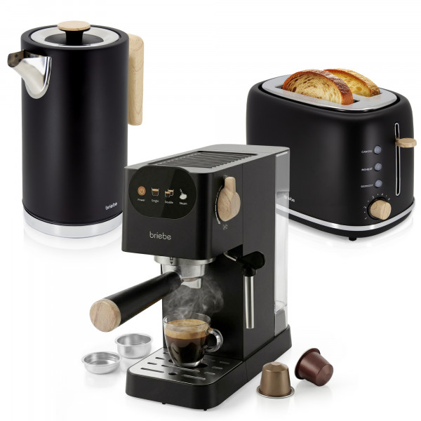 briebe Nordic Set Cafetera Espresso 20 Bares Cápsulas y Café Molido + Hervidor Agua Eléctrico 1,7L Inalámbrico 2200W + Tostadora Ranura Ancha 2 Rebanadas, Pack Desayuno Diseño Nórdico Negro