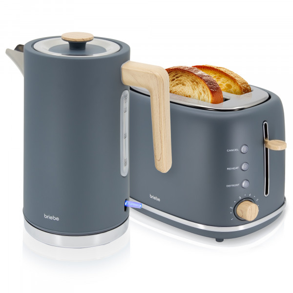 briebe Nordic Set Tostadora Pan Ranura Ancha 2 Rebanadas, 6 Niveles Tostado + Hervidor Agua Eléctrico 1,7L Inalámbrico, 2200W Ebullición Rápida, Libre BPA, Pack Desayuno Diseño Nórdico, Gris