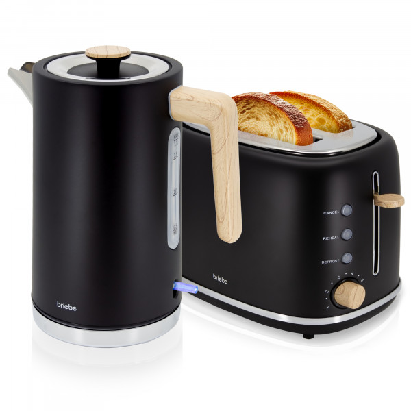 briebe Nordic Set Tostadora Pan Ranura Ancha 2 Rebanadas, 6 Niveles Tostado + Hervidor Agua Eléctrico 1,7L Inalámbrico, 2200W Ebullición Rápida, Libre BPA, Pack Desayuno Diseño Nórdico, Negro