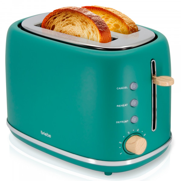 briebe Nordic Tostadora Pan Ranura Ancha, Tostador 2 Rebanadas, 6 Niveles Tostado, Calientapanecillos, Función Cancelar, Recalentar y Descongelar, Bandeja Recogemigas, Diseño Nórdico, 870W, Verde