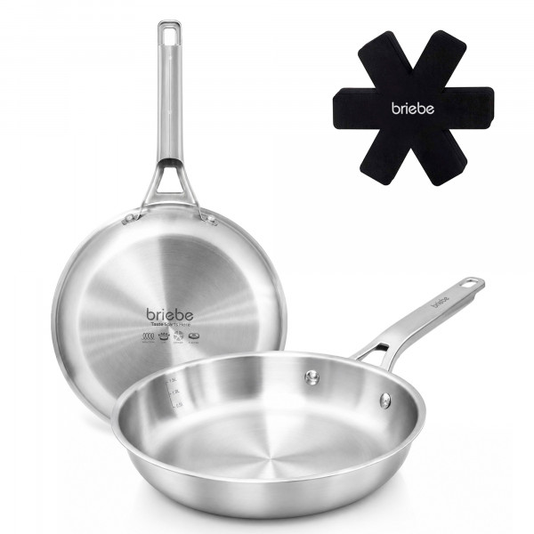 briebe Pure Inox Juego de 2 Sartenes Acero Inoxidable Inducción 20-24 cm, 3 Capas Tri-Ply, Sin Antiadherente, Apta Todo Tipo de Cocinas, Horno y Lavavajillas, Sin PFOA