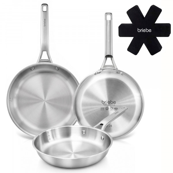 briebe Pure Inox Juego de 3 Sartenes Acero Inoxidable Inducción 20-24-28 cm, 3 Capas Tri-Ply, Sin Antiadherente, Apta Todo Tipo de Cocinas, Horno y Lavavajillas, Sin PFOA