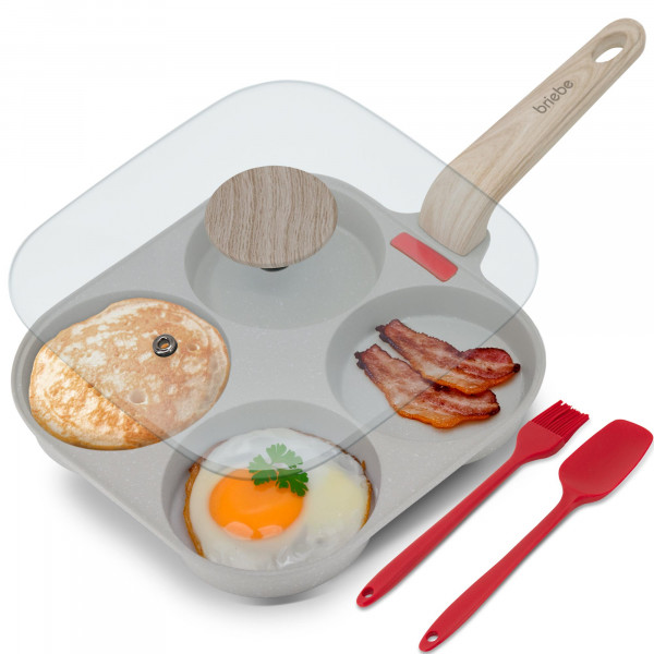briebe Sartén Inducción Tortitas, 4 Huevos Fritos o Poché, Tapa Vidrio, Sartén Aluminio Antiadherente Granite Stone Libre de PTFE y PFOA, Apta todas Cocinas, Incluye Espátula y Pincel Silicona
