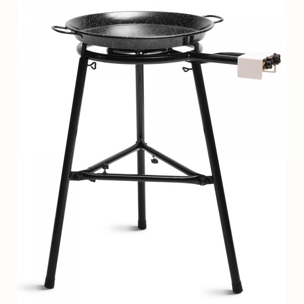 briebe Set Paellero de Gas Doble Fuego 40-20 cm + Paellera Esmaltada 46 cm 12 Raciones + Soporte 3 Patas L3, Trípode Robusto Aguanta hasta 200 KG, Kit Paella Uso en Interior y Exterior 