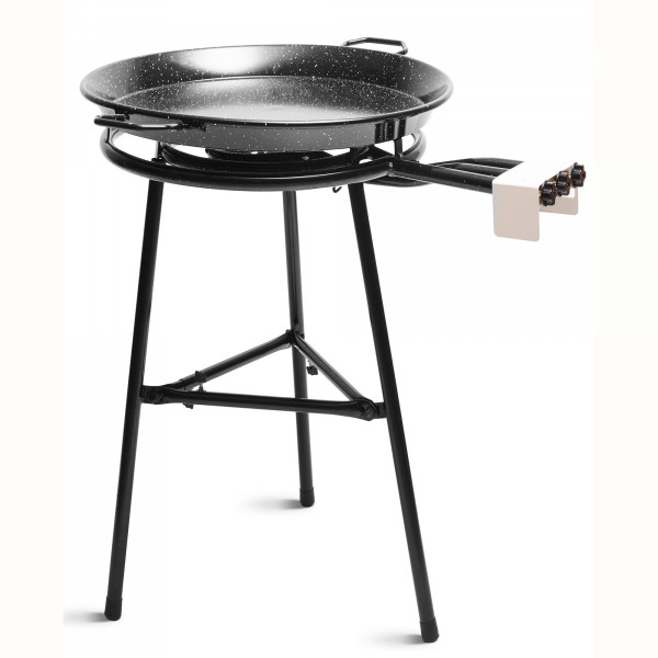 briebe Set Paellero de Gas Triple Fuego 60-40-20 cm + Paellera Esmaltada 65 cm 22 Raciones + Soporte 3 Patas L3, Trípode Robusto Aguanta hasta 200 KG, Kit Paella Uso en Interior y Exterior