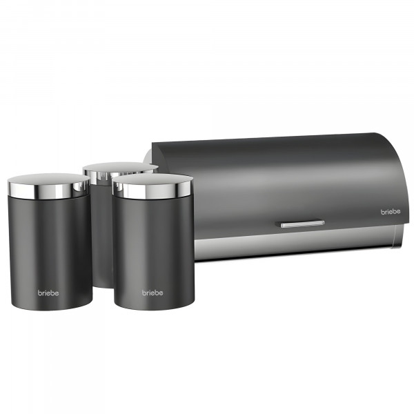 briebe Set Panera de Mesa + Juego de 3 Botes Cocina Almacenaje, Acero Inoxidable, Contenedor para Guardar Pan y Bollería,Tapa Deslizante, Diseño Moderno, Bread Box, Gris / Inox