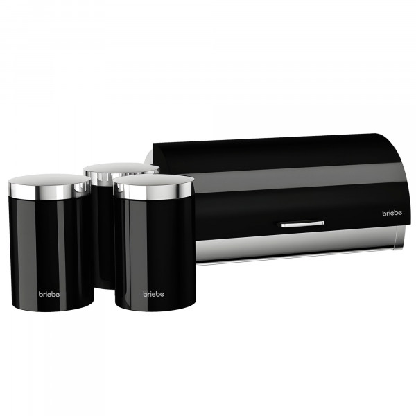 briebe Set Panera de Mesa + Juego de 3 Botes Cocina Almacenaje, Acero Inoxidable, Contenedor para Guardar Pan y Bollería,Tapa Deslizante, Diseño Moderno, Bread Box, Negro/ Inox