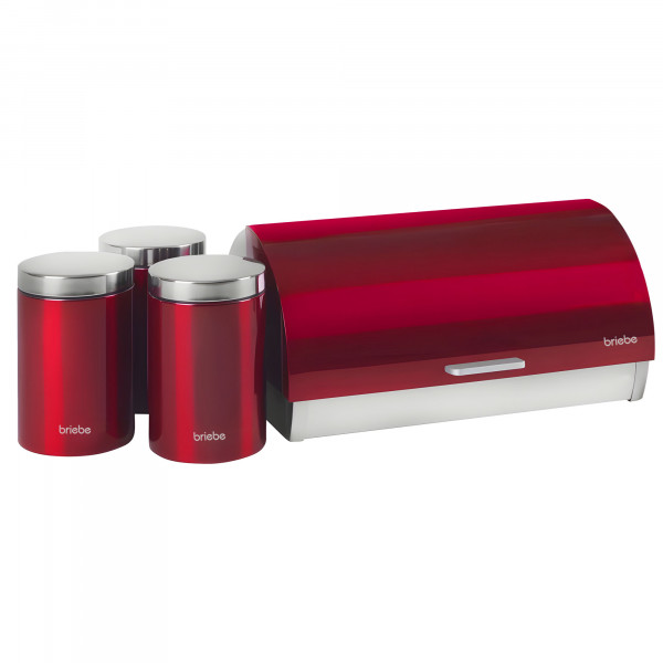 briebe Set Panera de Mesa + Juego de 3 Botes Cocina Almacenaje, Acero Inoxidable, Contenedor para Guardar Pan y Bollería,Tapa Deslizante, Diseño Moderno, Bread Box, Rojo