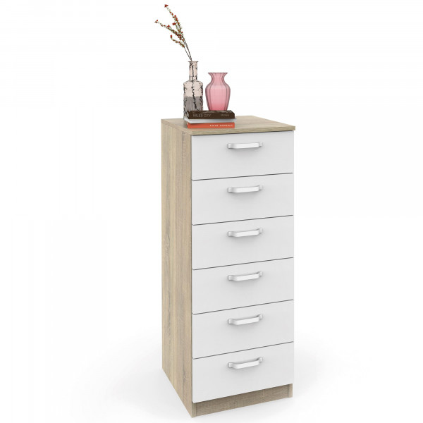 briebe Sinfonier Dormitorio Alto, Cómoda, Cajonera 6 Cajones, 110x40x40 cm (Alto x Ancho x Profundo), Habitación Matrimonio, Juvenil, Infantil, Prakt Roble Cambrian / Blanco