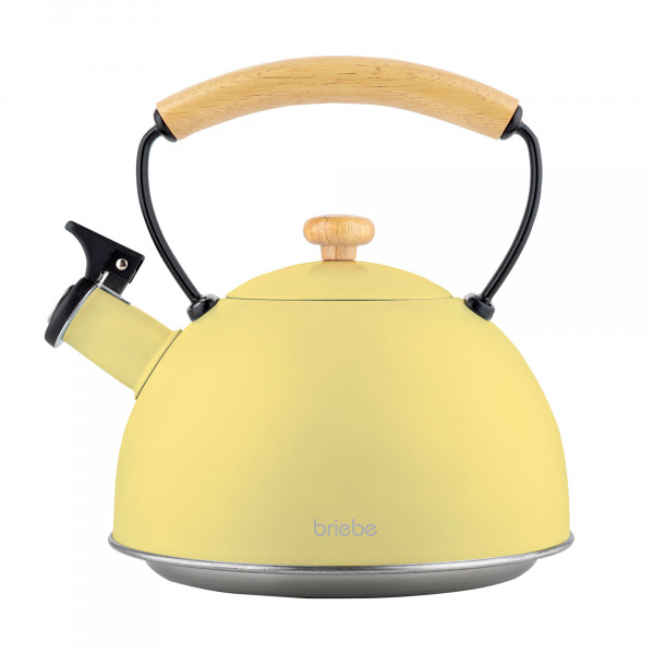 briebe Retro Tetera Inducción Silbante 2,5L, Hervidor de Agua Acero Inoxidable, Todo Tipo de Cocinas, Vitrocerámica, Gas, Mango Madera Tacto Frío, Diseño Vintage, Tea Pot, Amarillo Pastel 