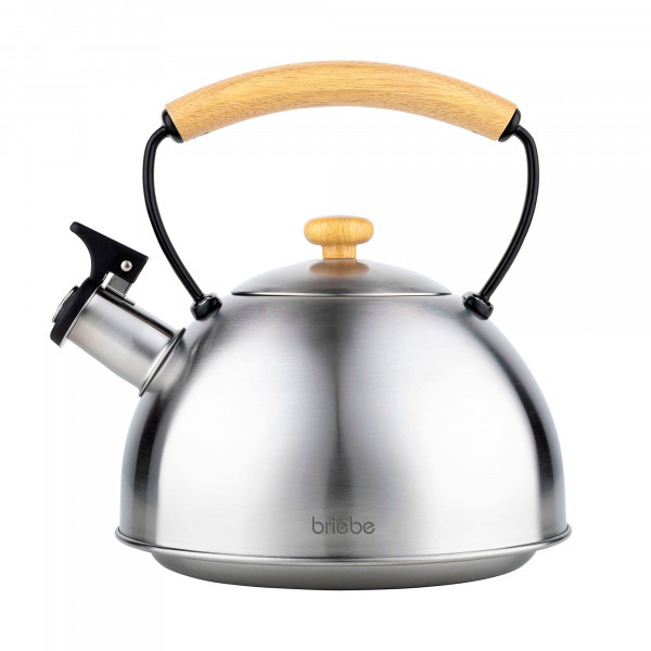 briebe Wooden Tetera Inducción Silbante 2,5L, Hervidor de Agua Acero Inoxidable, Retro, Todo Tipo de Cocinas, Vitrocerámica, Gas, Mango Madera Tacto Frío, Diseño Vintage, Tea Pot, Inox