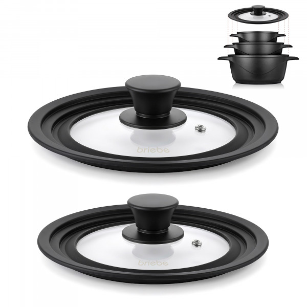 briebe TotaLid Juego de 2 Tapas de Sartén Universal con Borde de Silicona y Cristal Templado, Multidiámetro 16-18-20cm y 24-26-28cm, sin BPA, para Ollas, Cazuelas, Válvula de Vapor