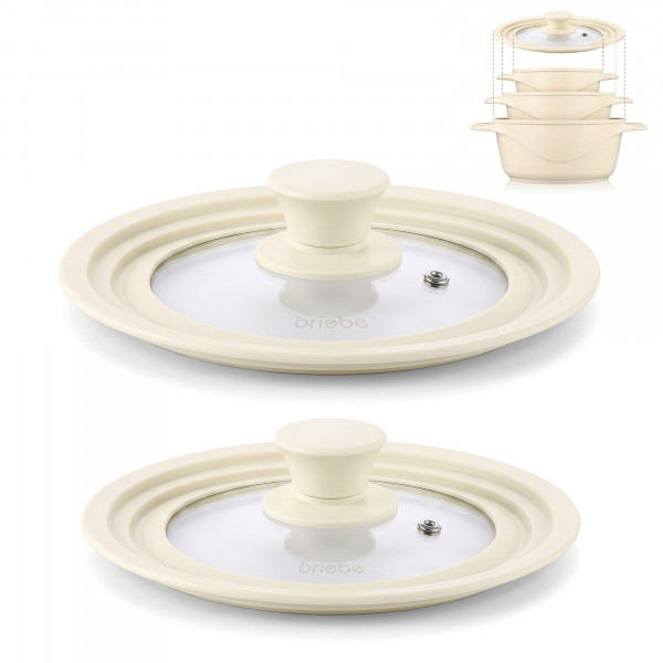 briebe TotaLid Juego de 2 Tapas de Sartén Universal con Borde de Silicona y Cristal Templado, Multidiámetro 16-18-20cm y 24-26-28cm, sin BPA, para Ollas, Cazuelas, Válvula de Vapor, Cream