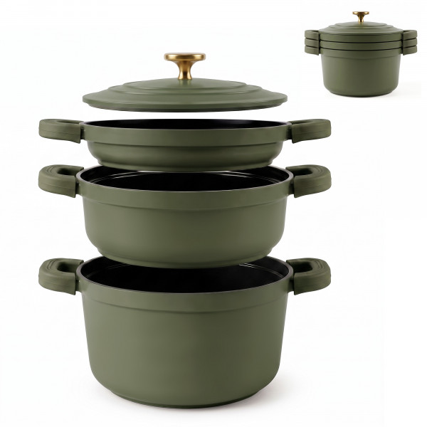 briebe Totem Batería Cocina Inducción Apilable 4 Piezas Ø 22cm Sartén + 2 Cacerolas + Tapa, Antiadherente Cerámico sin PFOA, Aluminio Fundido, Asas de Silicona Extraíbles, Todo Tipo Cocinas, Verde