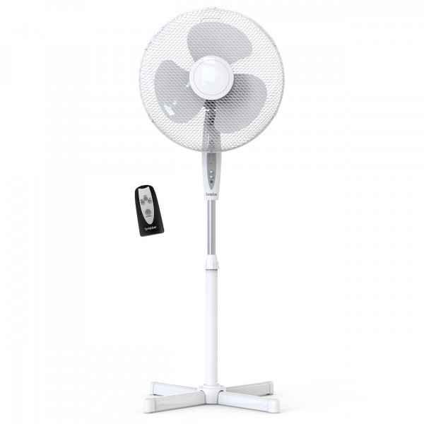 briebe FN122397W Ventilador de Pie Silencioso, Mando a Distancia, Temporizador hasta 7,5 Horas, Oscilante 80º, 3 Modos Funcionamiento, 3 Velocidades, Altura Regulable 100 - 125cm, Ø 40cm, Blanco